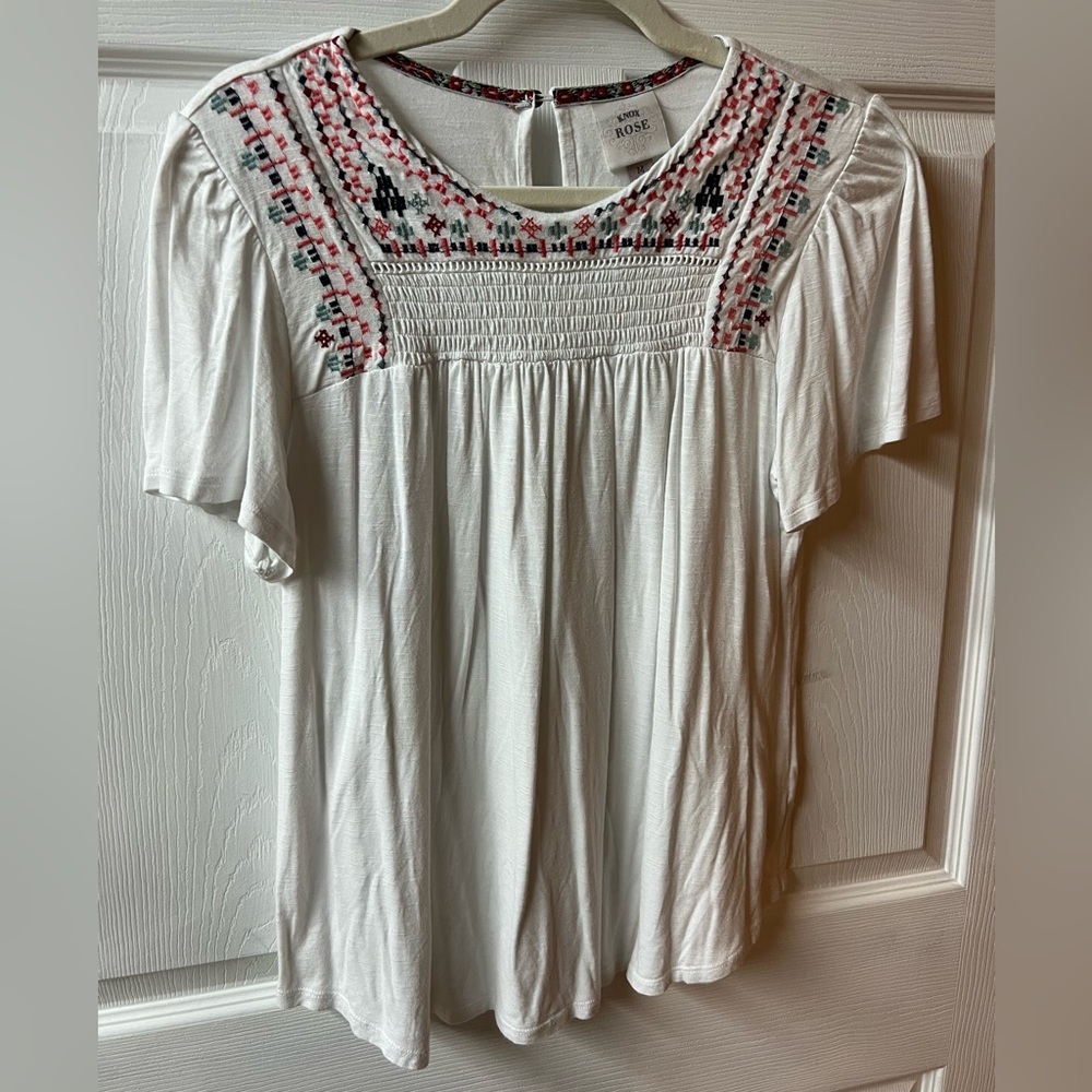 Knox Rose White Blouse with Pink Embroidery